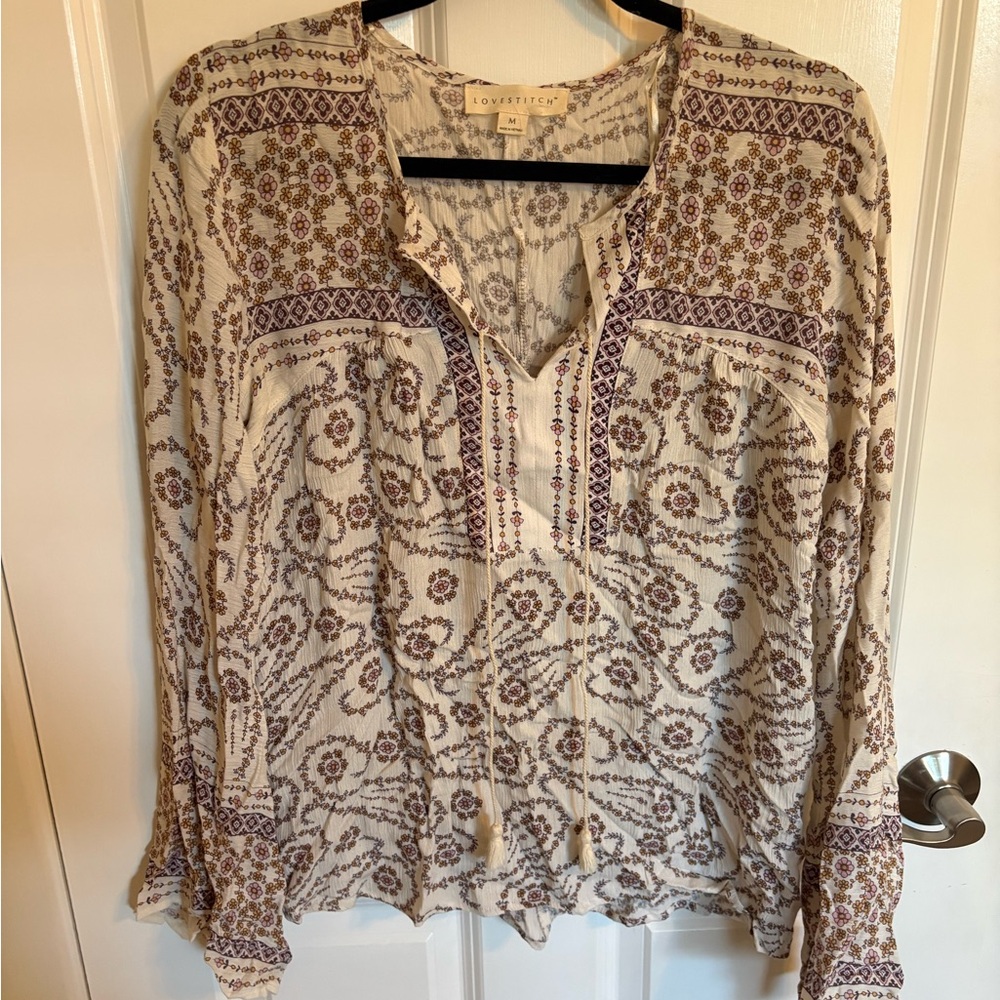 Beige and Purple Patterned Women's Top